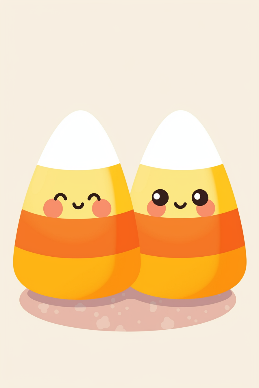 cute halloween drawings for kids featuring two candy corn characters with adorable faces, nestled together on a subtle textured background.